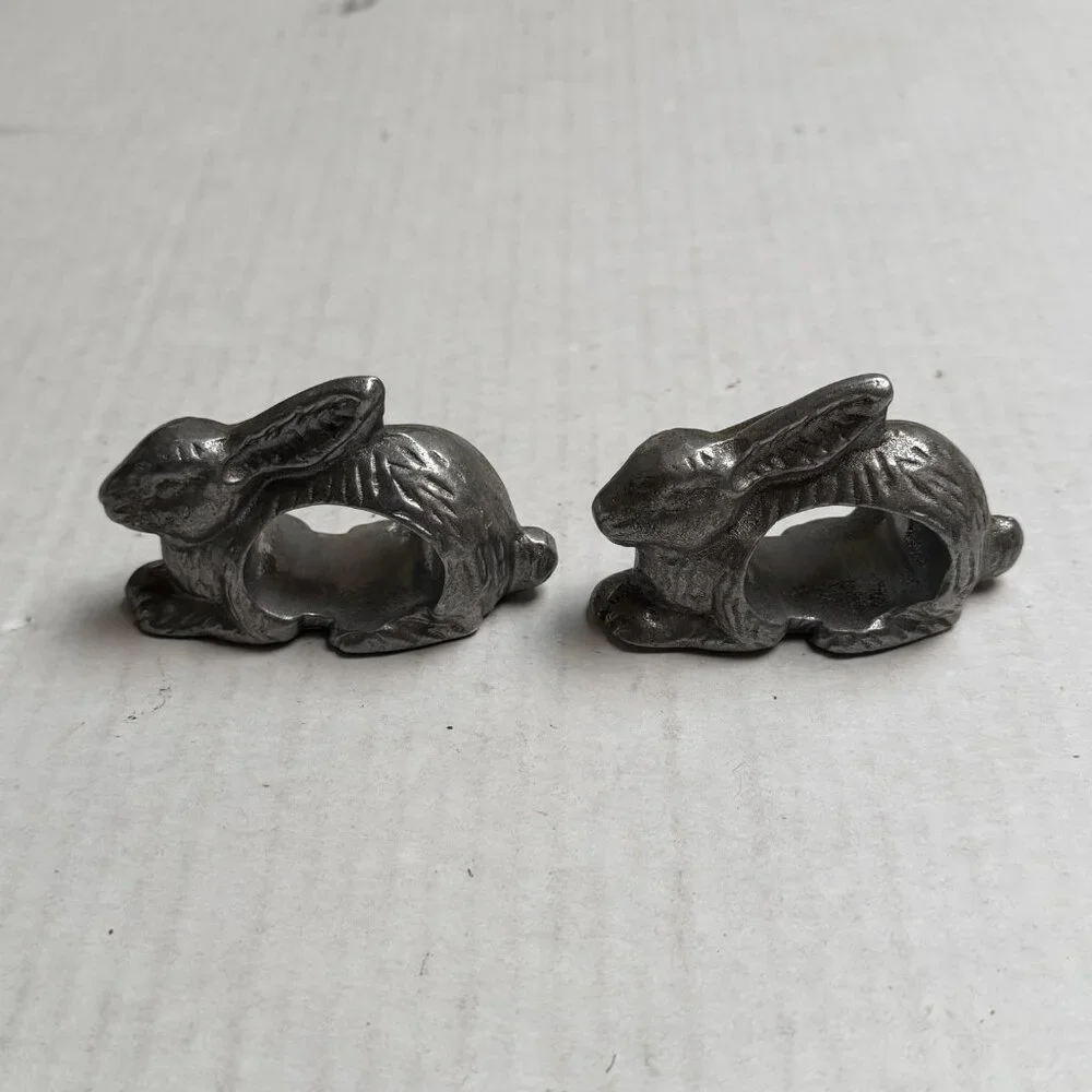 Silver Pewter Rabbits Napkin Ring Holders Set Of 2 Easter Decor Gift Bunny